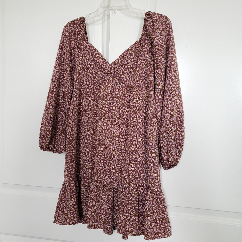 Brown Floral Ruched Mini Dress